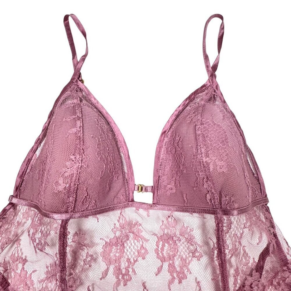 VTG Y2K Victoria's Secret Babydoll Dress Sz.M Pink Floral Lace Sheer Coquette - Picture 2 of 10